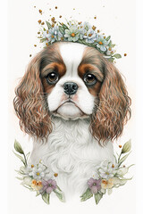 Wall Mural - King Charles spaniel with a crown of flowers isolated on a white background watercolor, Generative AI