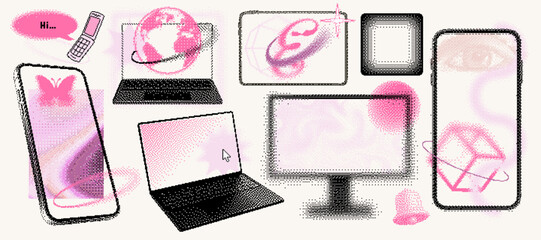 Dither devices mockup. Mobile phone, bitmap laptop, pixel tablet and computer monitor vector illustration set