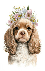 Wall Mural - Cocker spaniel with a crown of flowers isolated on a white background watercolor, Generative AI