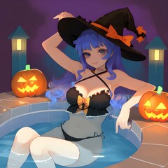 pretty girl in pool with hat heloween style