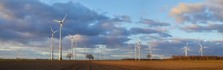 a large wind farm in northern germany in the evening light,