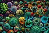 Fototapeta  - Conceptual scientific background with microscopic colorful viruses