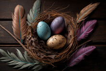 Three Easter Eggs In A Nest Of Branches Decorated With Feathers. AI Generative