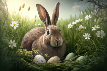 Wall Mural - Cute little rabbit with Easter eggs in flowers meadow. AI Generative