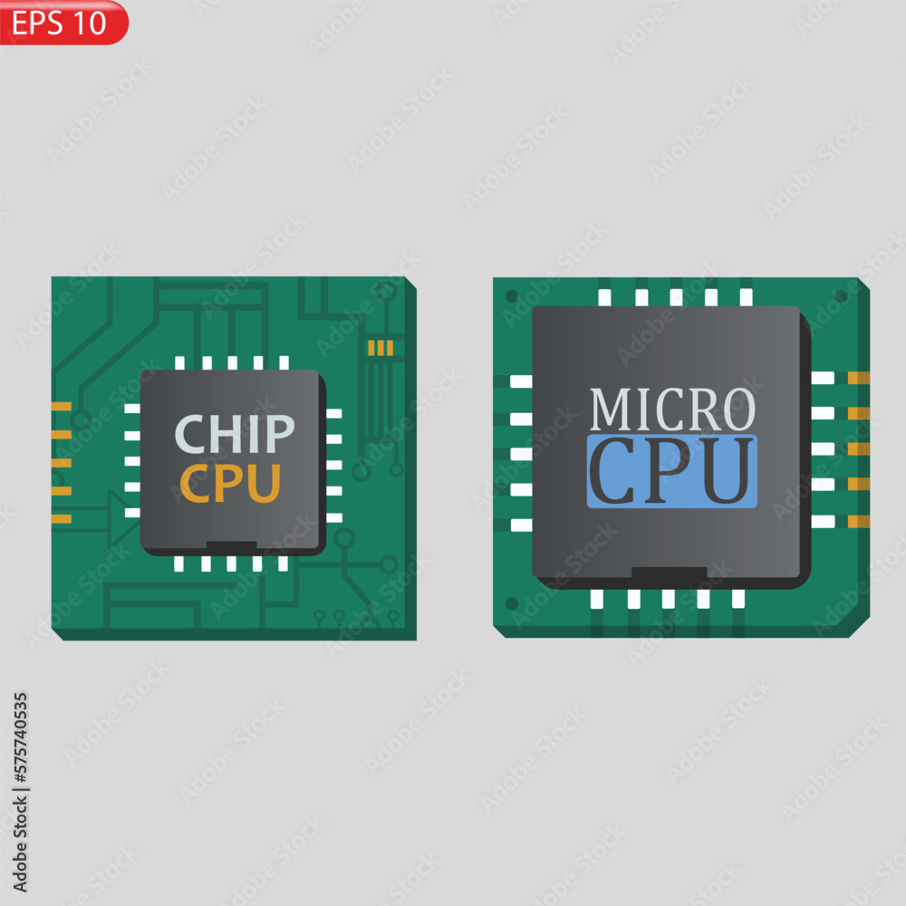 Vector set Icon of computer chips. The processor has the inscription ...