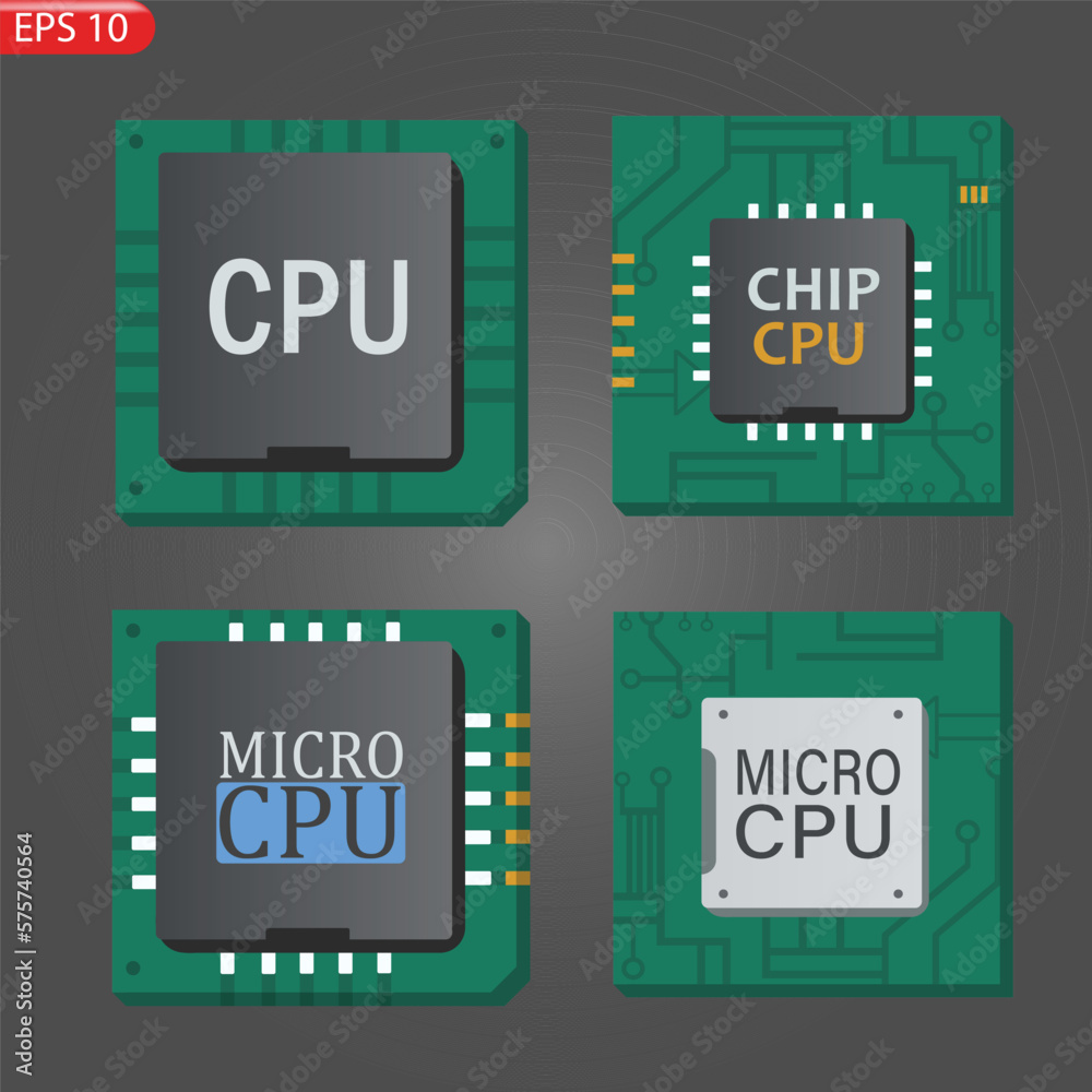 Vector set Icon of computer chips. The processor has the inscription ...