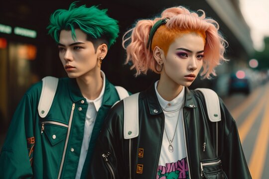 Japanese 90s street fashion couple walking on the streets of Japan 90s. generative AI
