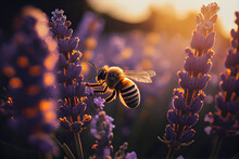 A Bee Flying Over A Bunch Of Lavender Flowers In A Field Of Lavenders In The Sunlight.generative Ai