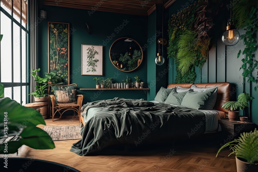 Stylish loft bedroom with rattan, wood, dark green wall and plants ...