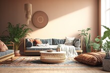 Cozy Boho Living Room: 2 Sofas, Carpet, Table, Image. Photo Generative AI