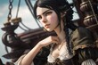 beautiful Pirate with brown eyes and black hair sitting on her ship. generative AI