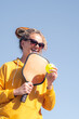 portrait woman player pickleball game, pickleball yellow ball with paddle, outdoor sport leisure activity