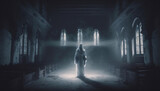 Fototapeta Londyn - fictional silhouette of a ghost in a chapel