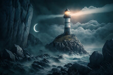 A Lighthouse On A Rocky Coastline Enveloped In A Thick Layer Of Gray Mist, Creating A Mystical And Moody Atmosphere. Waves Crash Against The Shore, Adding Movement And Drama To The Scene. Generativeai