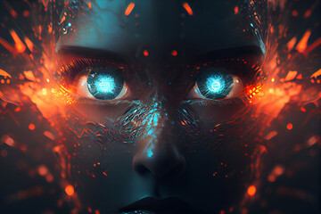 Wall Mural - AI. Woman Cyborg head with artificial neural networks brain. Neon cyberpunk word. Female robot face with computer artificial intelligence. Electronic Technology banner in 80th cyberpunk