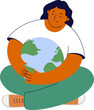 Woman hugs planet with care on white background. Environment protection, sustainability concept. Eco friendly. Earth day. Flat vector illustration