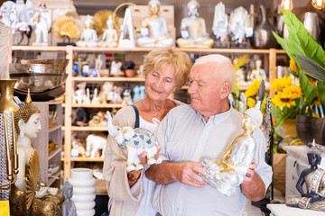 Couple mature customers choosing indian souvenir statues at the household goods store