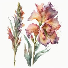  About Watercolor Gladiolus Flower Floral Clipart, Isolated on White Background.