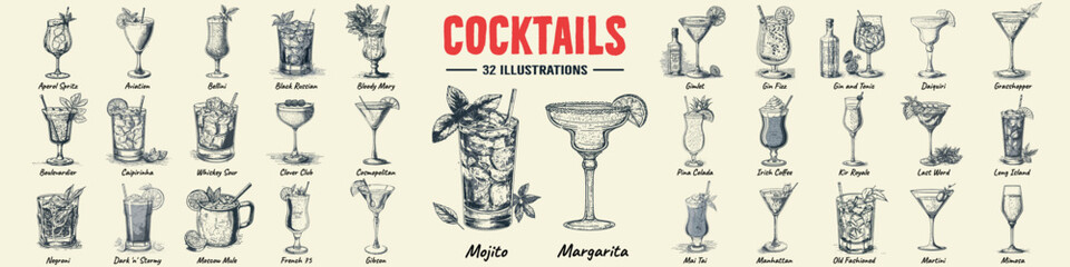 alcoholic cocktails hand drawn vector illustration. sketch set. moscow mule, bloody mary, pina colad