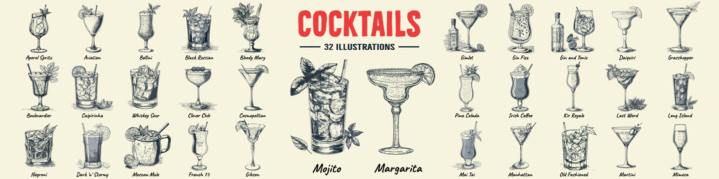 alcoholic cocktails hand drawn vector illustration. sketch set. moscow mule, bloody mary, pina colad