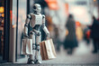 Robot with shopping bags walks on a street among people, Generative AI