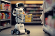 Robot with shopping cart in a grocery store, future concept, Generative AI