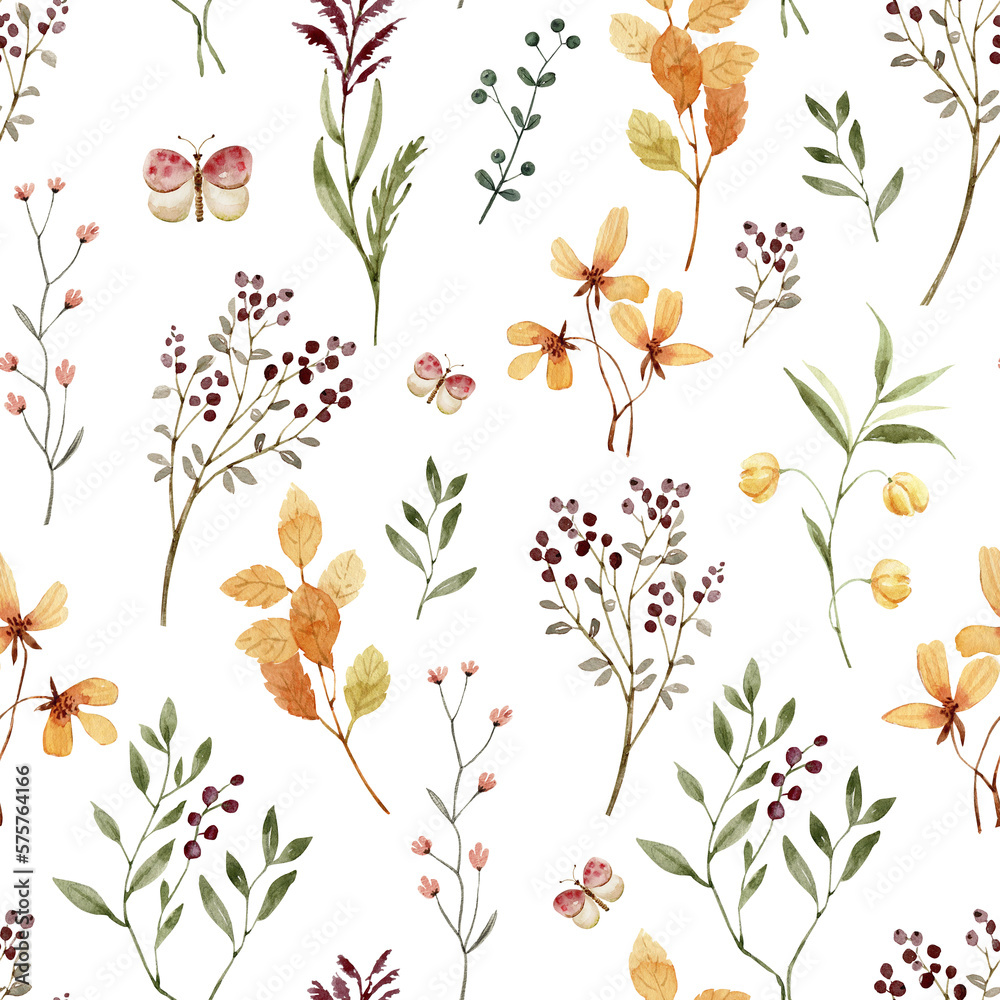 Seamless pattern with watercolor flowers and leaves on a white ...