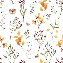 Seamless Pattern With Watercolor Flowers And Leaves On A White Background, Hand Painted.	