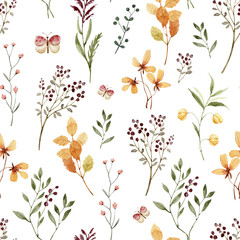 Seamless pattern with watercolor flowers and leaves on a white background, hand painted.	