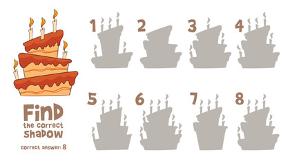 Big Cake. Find the correct shadow. Find 2 same objects. Educational game for children. Choose correct answer. Funny vector illustration. Isolated white background