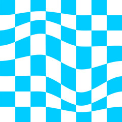 Wall Mural - Distorted chess board background. Undulate plaid texture. Checkered visual illusion. Psychedelic pattern with warped blue and white squares. Trippy checkerboard surface