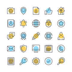 Fototapete - Basic line icons. Set of universal web icons. Black, blue and yellow colors. Modern outline graphic design. Vector line icons set