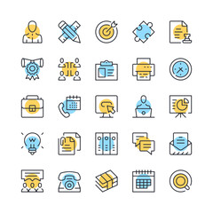Fototapete - Office line icons. Set of office work icons. Black, blue and yellow colors. Modern outline graphic design. Vector line icons set