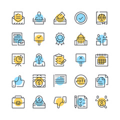 Poster - Voting line icons. Set of election icons. Black, blue and yellow colors. Modern outline graphic design. Vector line icons set