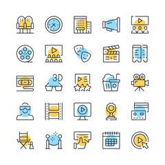 Poster - Cinema line icons. Set of film industry icons. Black, blue and yellow colors. Modern outline graphic design. Vector line icons set
