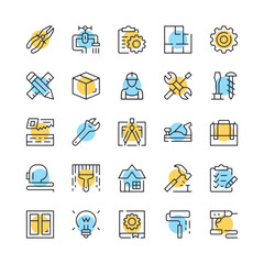 Fototapete - Home repair line icons. Set of home renovation icons. Black, blue and yellow colors. Modern outline graphic design. Vector line icons set