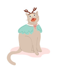 Wall Mural - Winter cat in deer costume. Charming kitten with wings and horns. Poster or banner for website. Domestic pet, mammal and playful character. Cartoon flat vector illustration