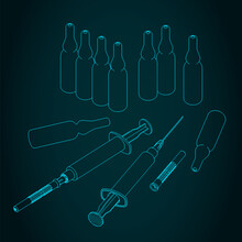 Disposable Syringe With Needle And Ampules Illustration