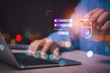 user login to laptop by username and password to access personal information data security and encryption, cyber security concept, secure access to user's personal information