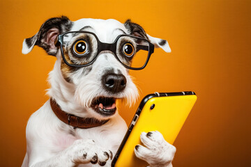 shocked cute dog in glasses with open mouth looks at h, concept of surprised and amazed, created wit