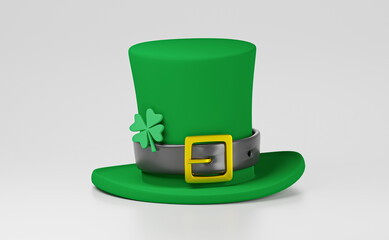 Saint Patrick's day green leprechaun hat isolated on white background. 3d render illustration. St patrick day background
