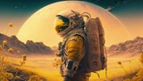 Fototapeta  - Astronaut exploring yellow planet, Landscape on yellow exoplanet, Generative AI
