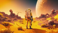 Astronaut Exploring Yellow Planet, Landscape On Yellow Exoplanet, Generative AI
