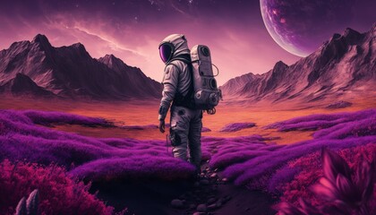 Wall Mural - Astronaut exploring purple planet, Landscape on purple exoplanet, Generative AI