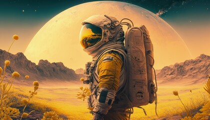 astronaut exploring yellow planet, landscape on yellow exoplanet, generative ai