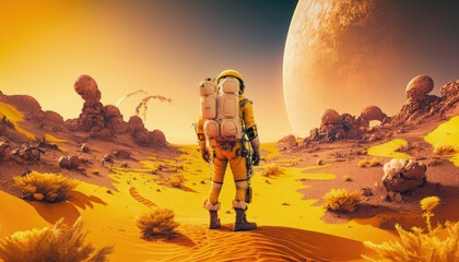 Wall Mural - Astronaut exploring yellow planet, Landscape on yellow exoplanet, Generative AI
