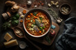 A cinematic close-up shot from above of a bowl of hearty and colorful minestrone soup placed on a studio kitchen table. generative ai