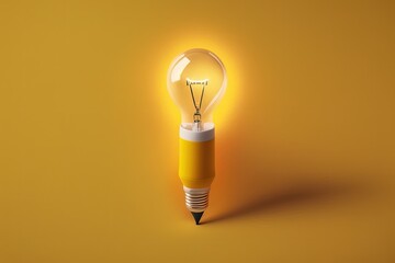 Light bulb shaped pencil, concept of idea and creativity, yellow background, Generative AI