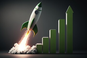 Wall Mural - rocket taking off and green bar graphs, successful startup concept, generative ai