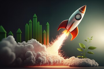 Wall Mural - rocket taking off and green bar graphs, successful startup concept, generative ai